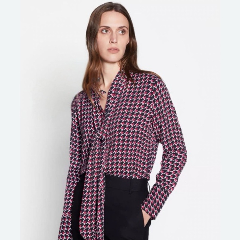 Equipment Houndstooth Star Luis Button Down Self Tie Neckline Top in Black Red